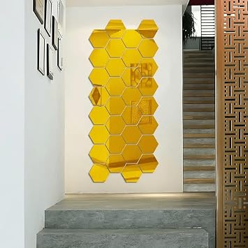Acrylic Hexagon Ring Mirror Wall Decor 24 PCS Silver Hexagon Mirrors, SelfAdhesive 3D Wall Art for Living Room Bedroom Home Decor Golden