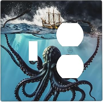 Decorative Outlet Covers Ocean Nautical Octopus Ship Funny Kraken 2 Gang Wall Plate Single Toggle Duplex Light Switch Cover Switch Plate Covers Faceplate for Bedroom Home Decor
