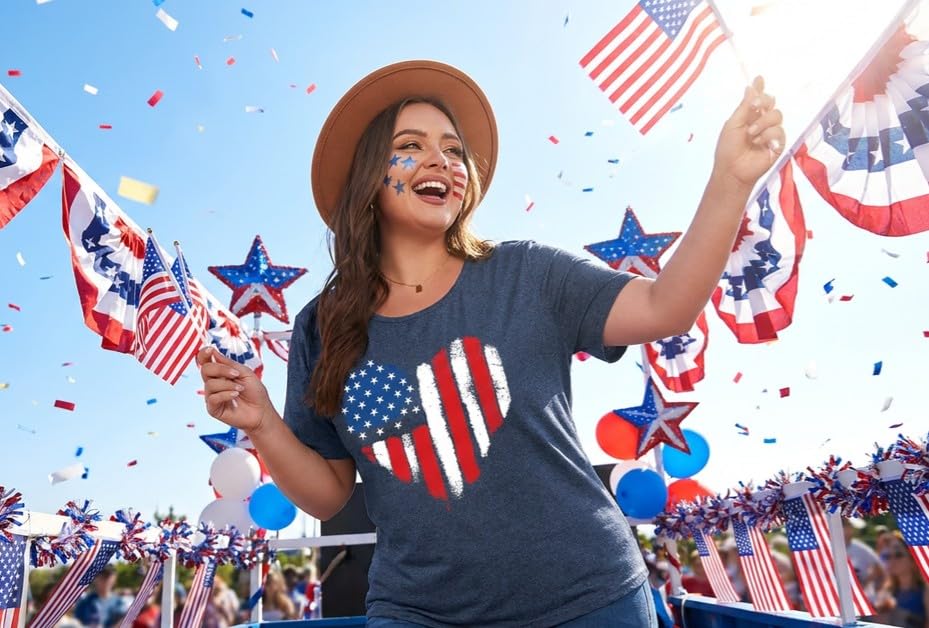 Image of ForHailey Women's 4th of July Patriotic Shirts Graphic Tees USA Shirt American Flag Short Sleeve Tunic Tops