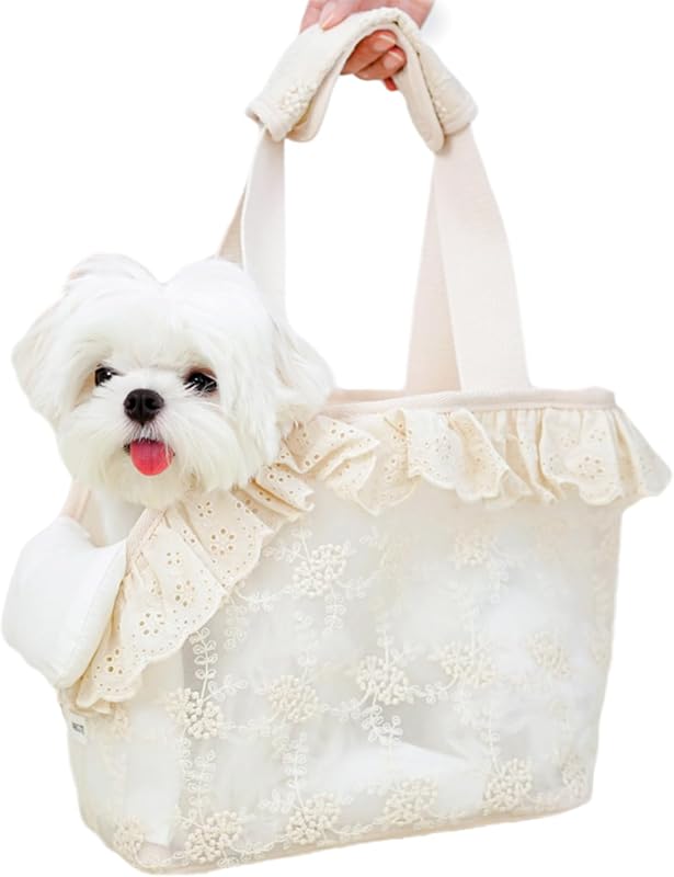 Bolsa de Transporte para Cães Pequenos ONECUTE em Algodão com Renda, Dobrável, Bege