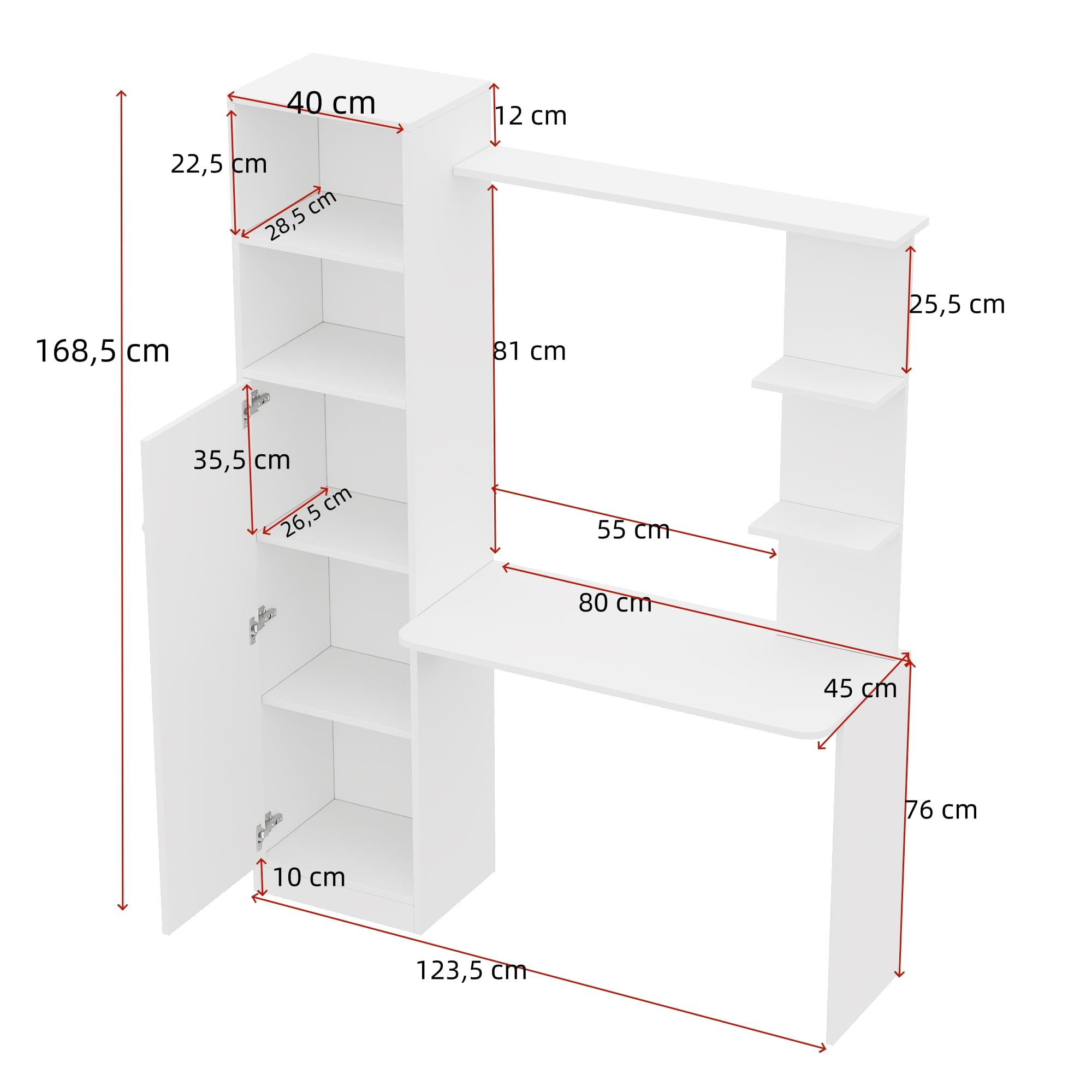 BTM Schreibtisch mit Schrank und Aufsatzregal, Modernes Bürotisch Schreibtisch mit Stauraum und Regal Weiß