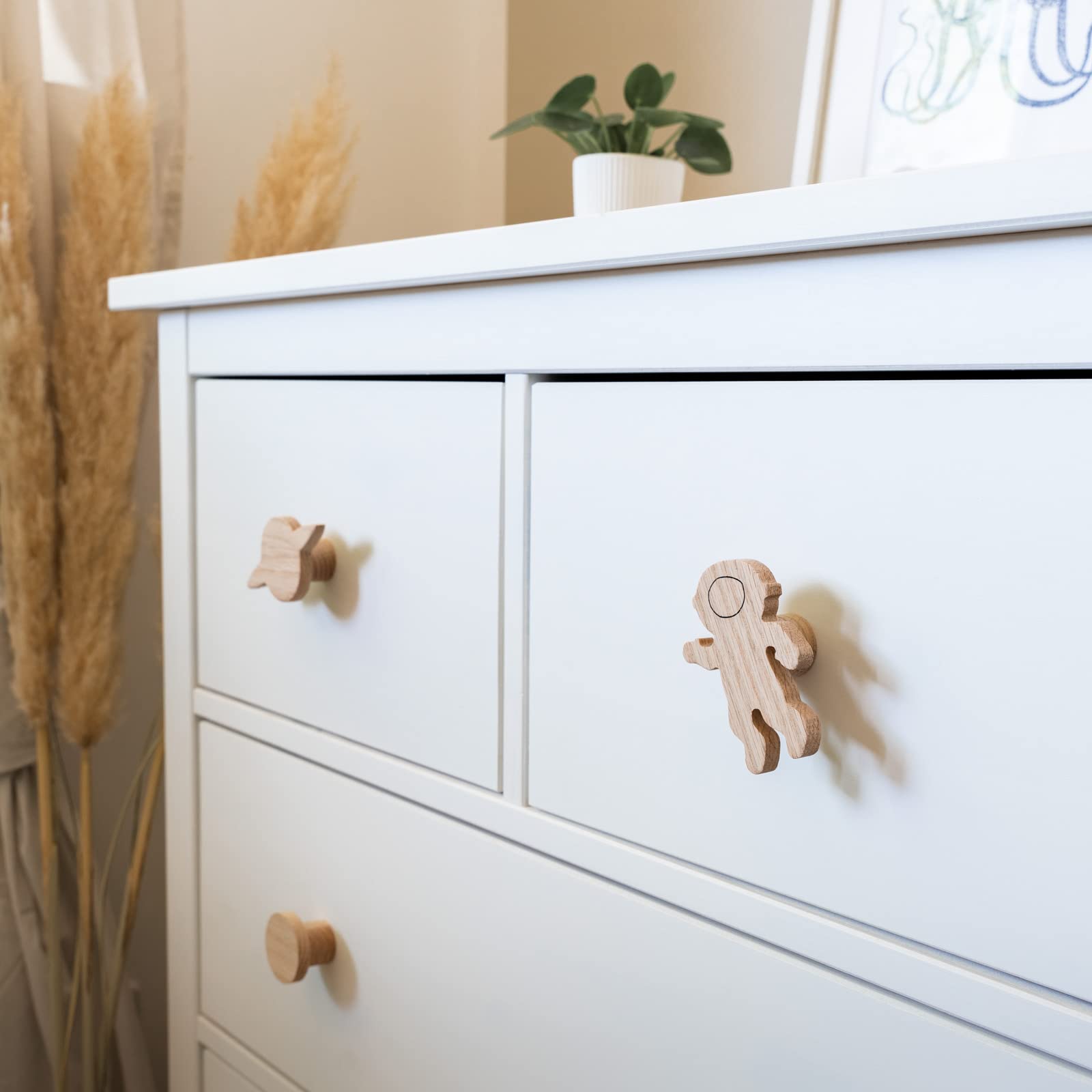 4 Maniglie per mobili per bambini, in legno di quercia non trattato, pomello, bottone, Mondiale, comò, armadio, cassetto, porta, cameretta dei bambini, regalo (4, razzo, pianeta, spaziale, cometa)