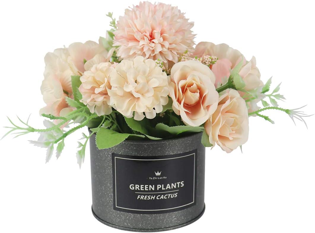UIKKOT Artificial Flowers Pot Silk Rose Hydrangea Flower with Metal Vase Arrangements Small Bonsai Centerpieces Decor House Office Table (A-Blue)