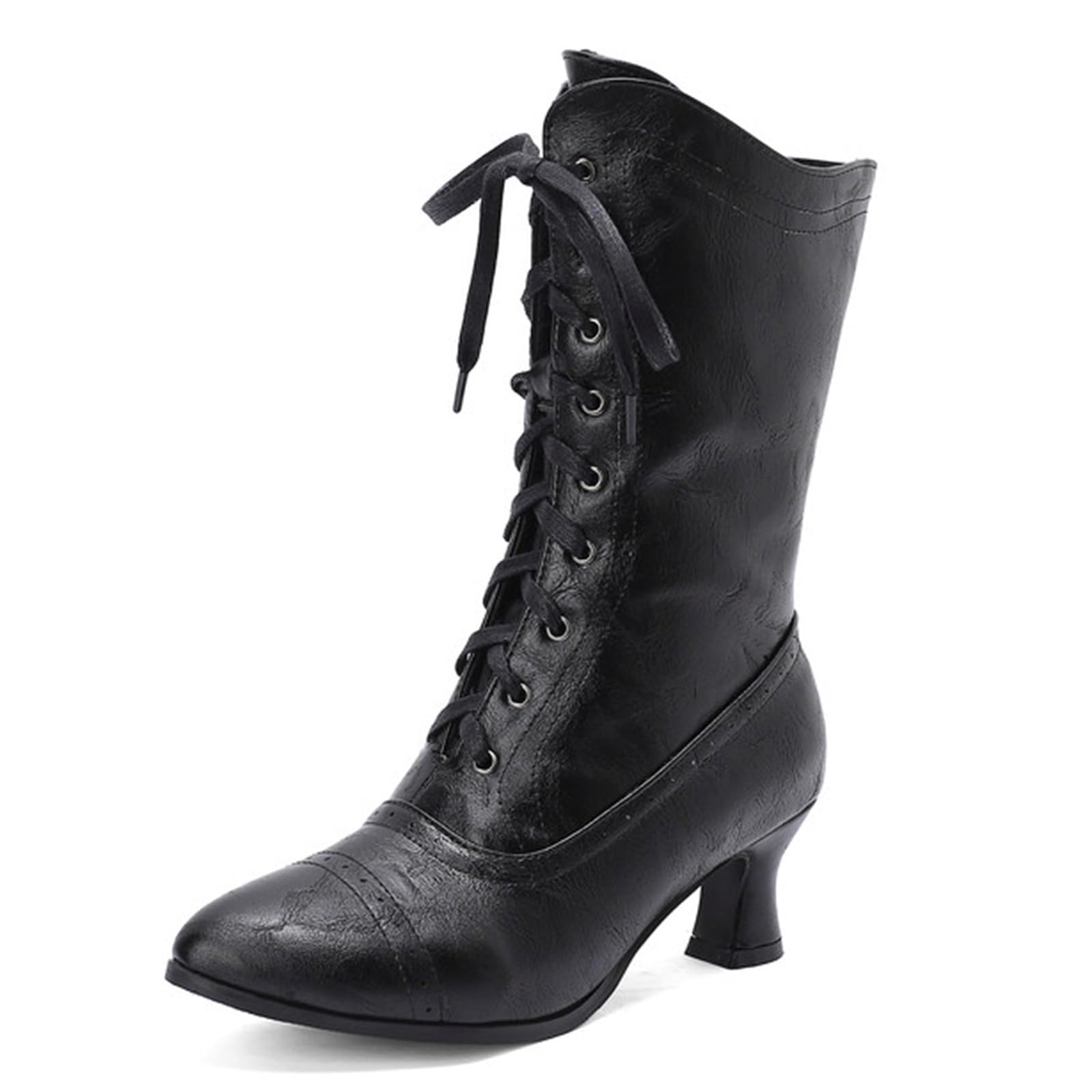 Alsoloveu Lace up Victorian Boots Women Vintage Renaissance Ankle Boots Mid Heel Pointed Toe Goth Mid Calf Witch