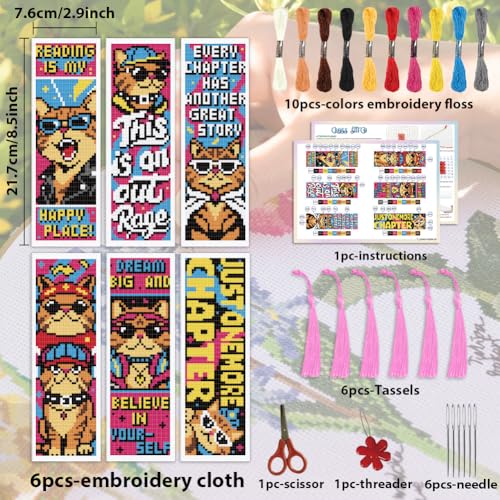 Image of ACRNIGHEET 6PCS Cross Stitch Bookmark Kit for Beginner Cool Cat Stamped Cross Stitch Kits Needlepoint Kit for Adults DIY Tassel Embroidery Bookmark Kits with Instructions Craft Gift 8.5 inchx3 inch 11CT