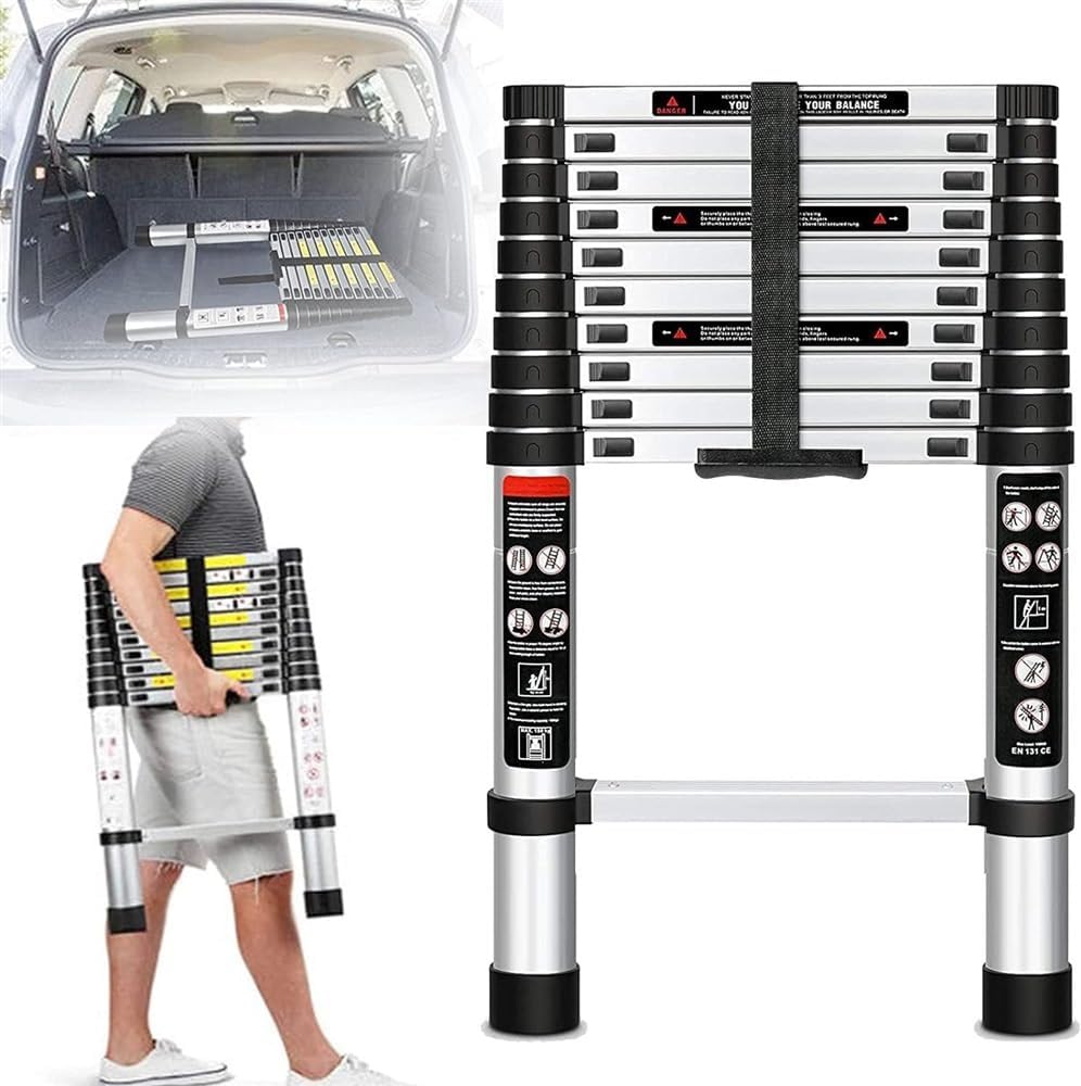 Telescoping Ladder, Quick Button Retraction Telescopic Design, Extension Collapsible Ladders, Aluminum Lightweight Telescopic Ladderfor Loft, Home & Attic, 330Lb Capacity