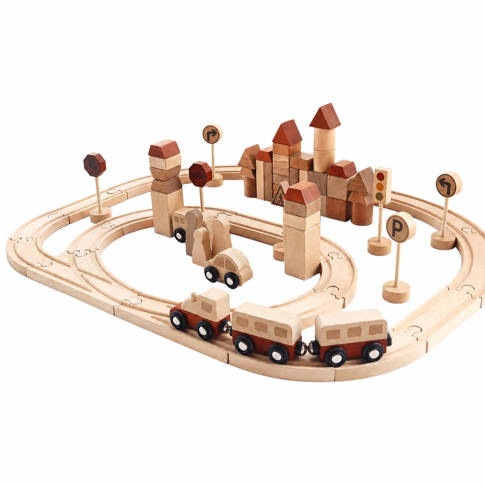 Circuit Véhicules en Bois Bâtiments Panneaux Signalition Éducatif Réseau Train à Composer Accessoires Ludique J
