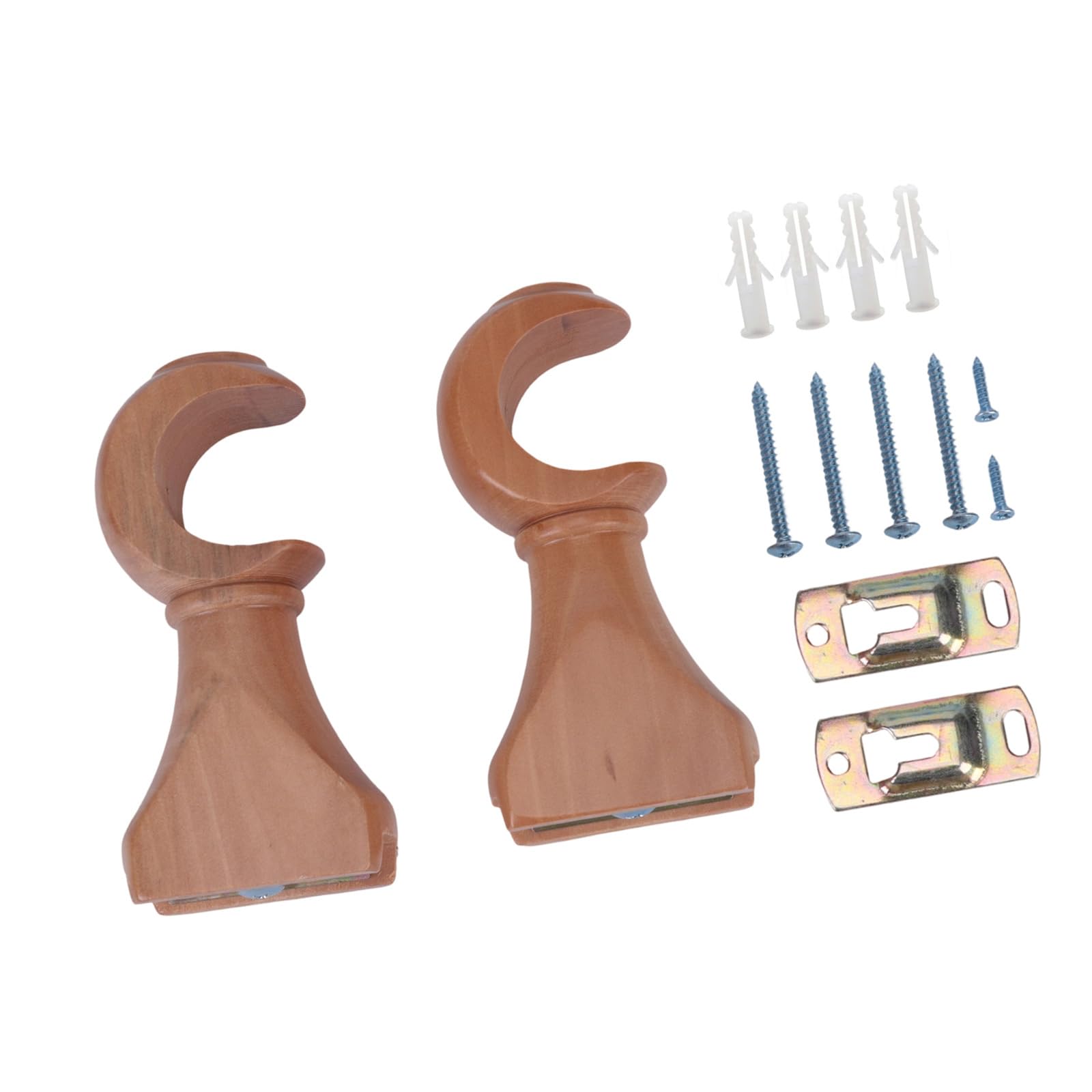 Pangboer Wood Color 2Pcs Window Curtain Hooks Drapery Poles Holders Bracket Open Wood Curtain Rod Brackets Hangers Easy Installation Wall Mount Bracket