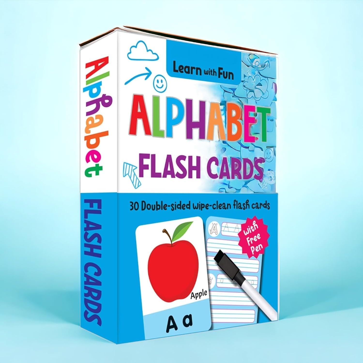 Kiddie castle Alphabets 30 Double Sided Flash Cards with Free Pen| Easy & Fun Way of Learning 1 Year to 6 Years Babies/Kids/Toddlers