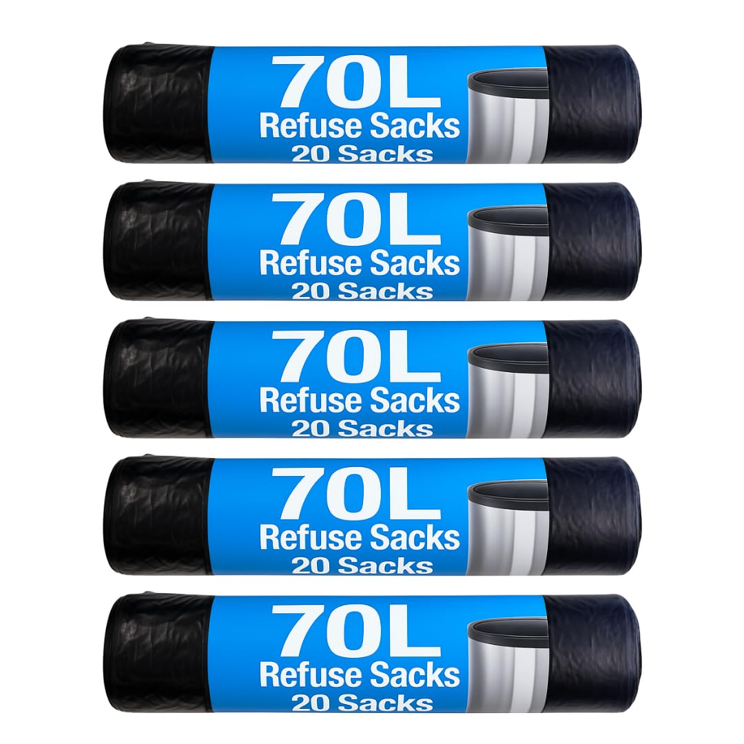 LND Gifts Refuse Sacks - Pack of 100-70 Litre Black Bags, Bin Bags, Durable Bin Liners for Pedal and Swing Bins Recycled Material and fully recyclable