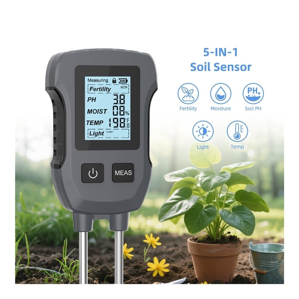 Tester del suolo 5 in 1 for PH Umidità Fertilità Temperatura Luce solare, Analizzatore analogico da giardino