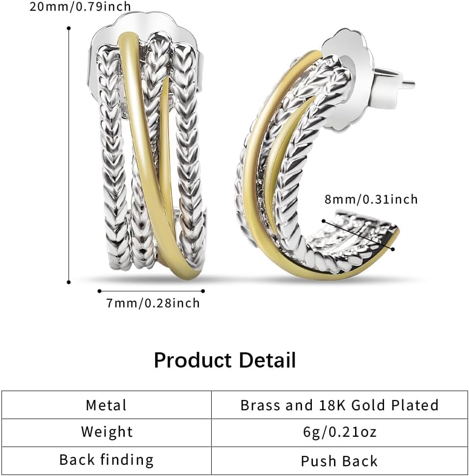 18K Gold Plated Twisted Cable Hoop Earrings Designer Inspired Two Toned C Hoop Earrings for Women Gift - Image 3