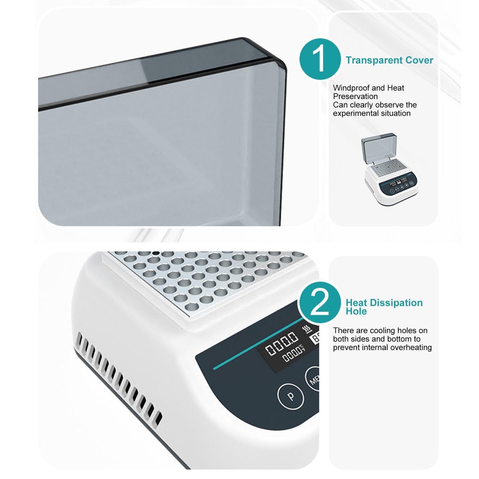 96 W Mini-Trockenbad-Inkubator mit Heiz- und Kühlfunktion, Digitaler Labor-Thermostatheizer für 0,2 Ml, 0,5 Ml, 1,5 Ml, 2 Ml Zentrifugenröhrchen, 5S-23H59min Timing-Metallmischer