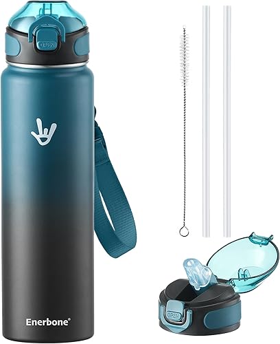 Enerbone - Botella de agua aislada de 32 onzas, botella de acero inoxidable con correa para transporte, diseño de aislamiento al vacío de doble para