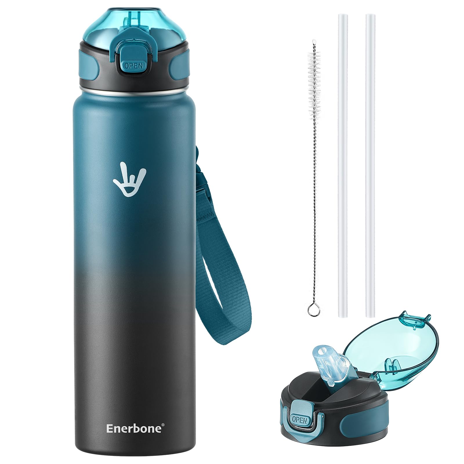 Enerbone Isolierte Wasserflasche, 900 ml, Edelstahlflasche mit Tragegurt, doppelwandiges Vakuumisolierungsdesign, auslaufsichere Sportflasche mit Strohhalm, hält Getränke stundenlang kalt oder heiß