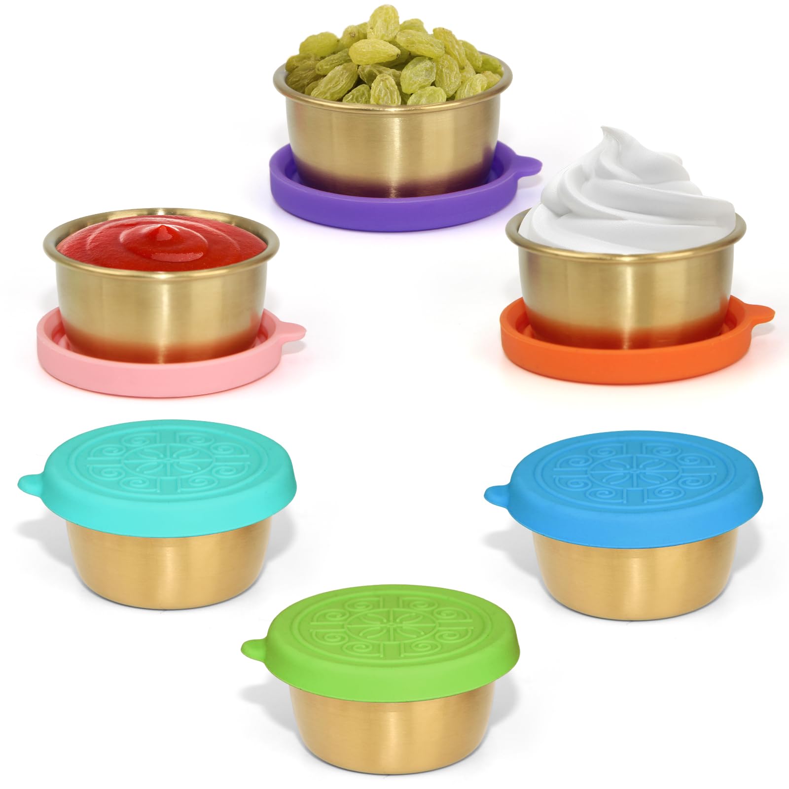 6x1.4 oz Reusable Salad Dressing Container To Go, Fits in Bento Box for Lunch, Stainless Steel Gold Condiment Containers with Silicone Lids, Easy Open Leakproof, Colorful Small Dipping Sauce Cups Set