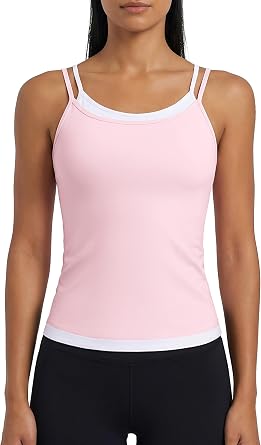 ATTRACO Women Double Spaghetti Strap Workout Tank Tops Ruched Athletic Tank Top with Bulit in Bra Color Block Camisoles