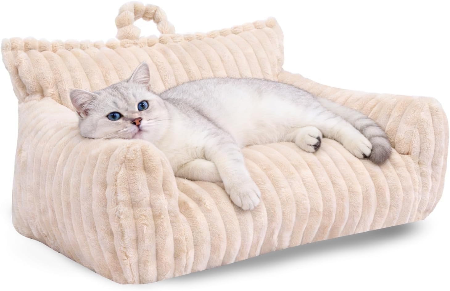 Luxury Plush Cat Couch Bed for Pets with Removable Washable Cover,Supportive Cat Sofa for Indoor Cats & Small Dogs,Plush Pet Couch with Handles (Beige, 24"x18"x10")