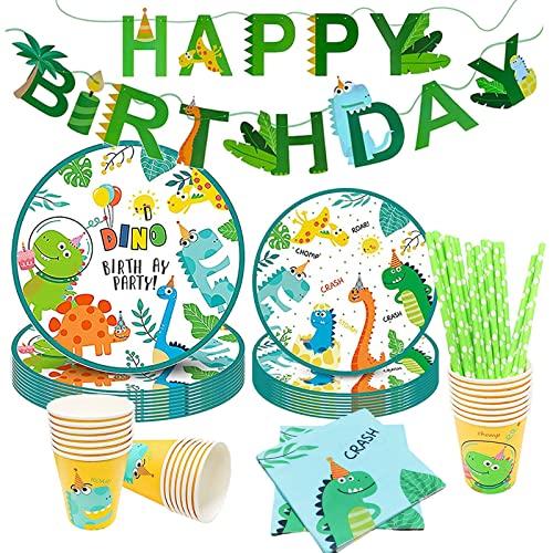 Bymivofun 81 piezas Vajilla de Cumpleaños de Dinosaurio, para 16 Invitados, Suministros de Fiesta de Dinosaurio de Papel, para la Decoración de la Fiesta de Cumpleaños del Tema de Los Niños Cover