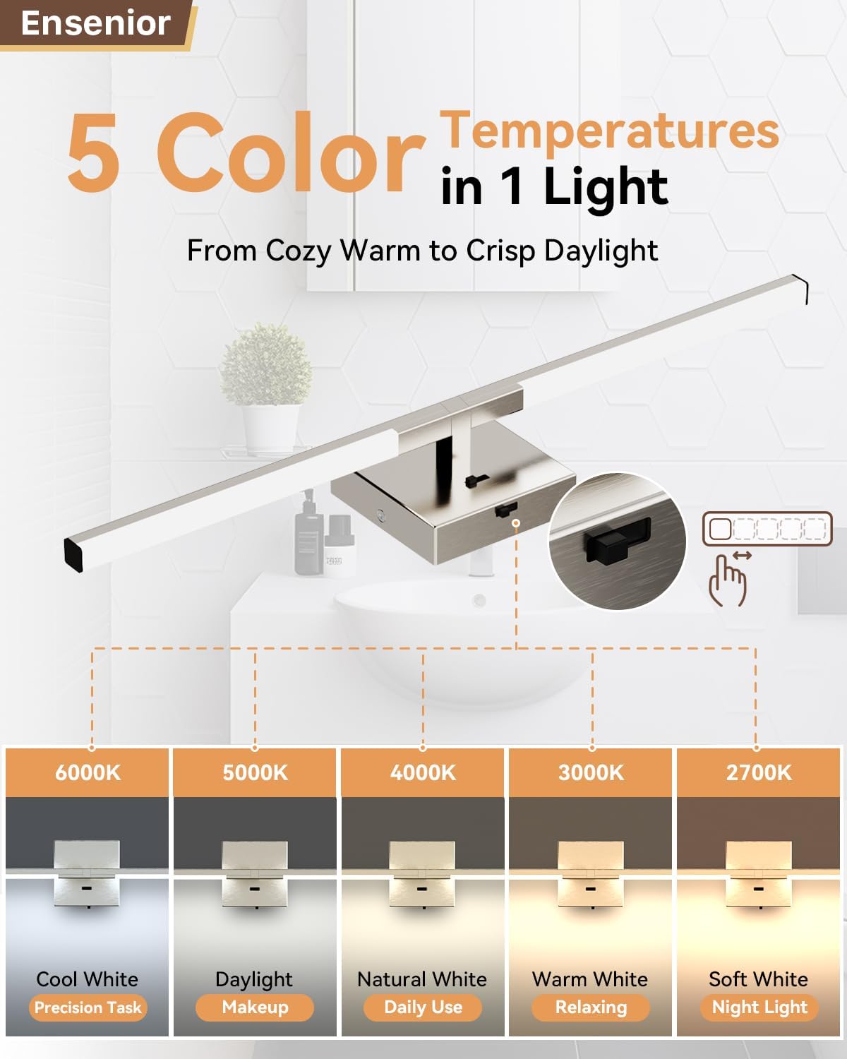 Ensenior Modern Brushed Nickel Bathroom Vanity Light 24 inch, Built-in Dimmer, 1100LM Dimmable 5CCT Led Bath Lights, Bar Vanity Light for Bathroom Mirror Cabinets Bedroom-FCC & ETL Certificated