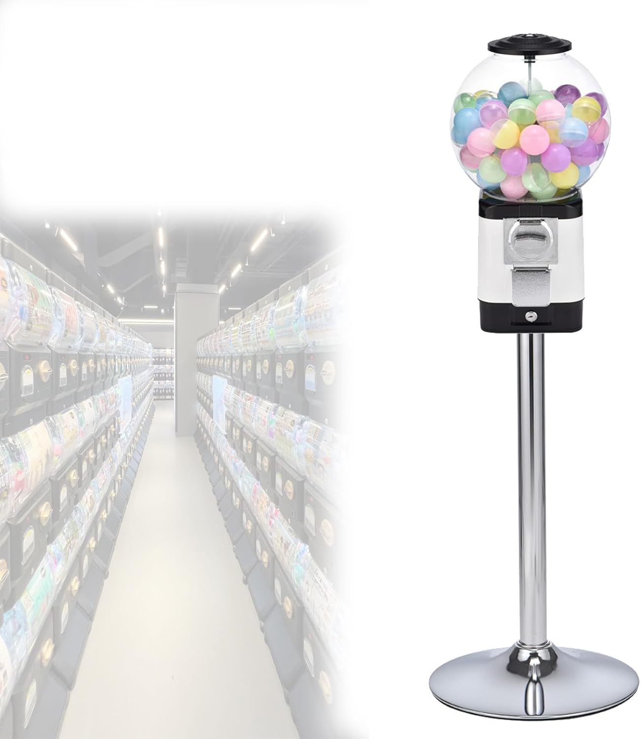 Classic Gumball Machine & Candy Dispenser, Bubble Capsule Toy Vending Machine with Key, Commercial Grade, Black & White Drawer, Perfect for Kids' Parties & Events