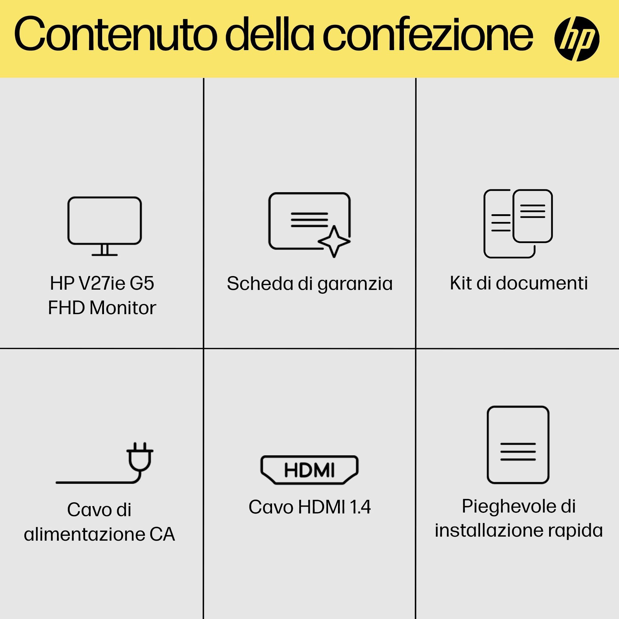 HP V27ie Monitor da 27", FHD, 16:9, Antiriflesso, Pannello IPS da 75Hz, Tempo di Risposta 5 ms, Reclinabile, VESA 10x10 cm, AMD FreeSync, 250 Nits, Low Blue Light, VGA, HDMI, DisplayPort, Nero