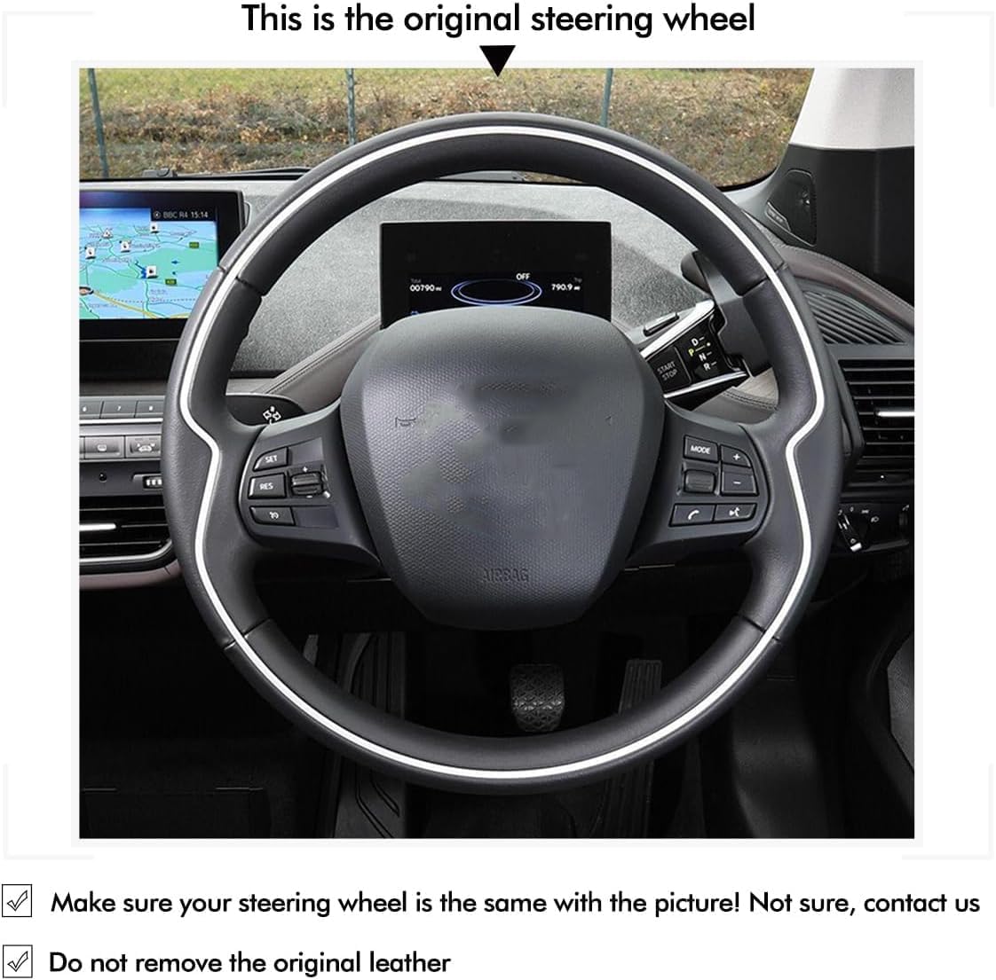 Genuine Leather Custom Fit OEM Hand Stitched DIY Steering Wheel Cover for BMW i3 2013 2014 2015 2016 2017 2018 2019 2020 2021 2022 Car Interior Accessories (Black Leather,Light Grey Thread)