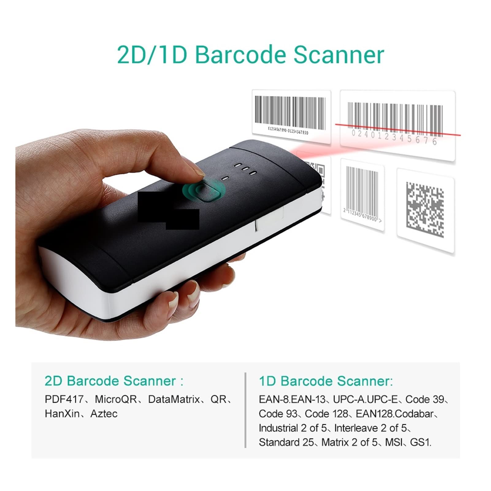 Escáner de código Barras Bluetooth 2D inalámbrico Pdf417 Matriz Datos QR Lector códigos for Pocket Mini Scanner para Puntos de Venta en supermercados