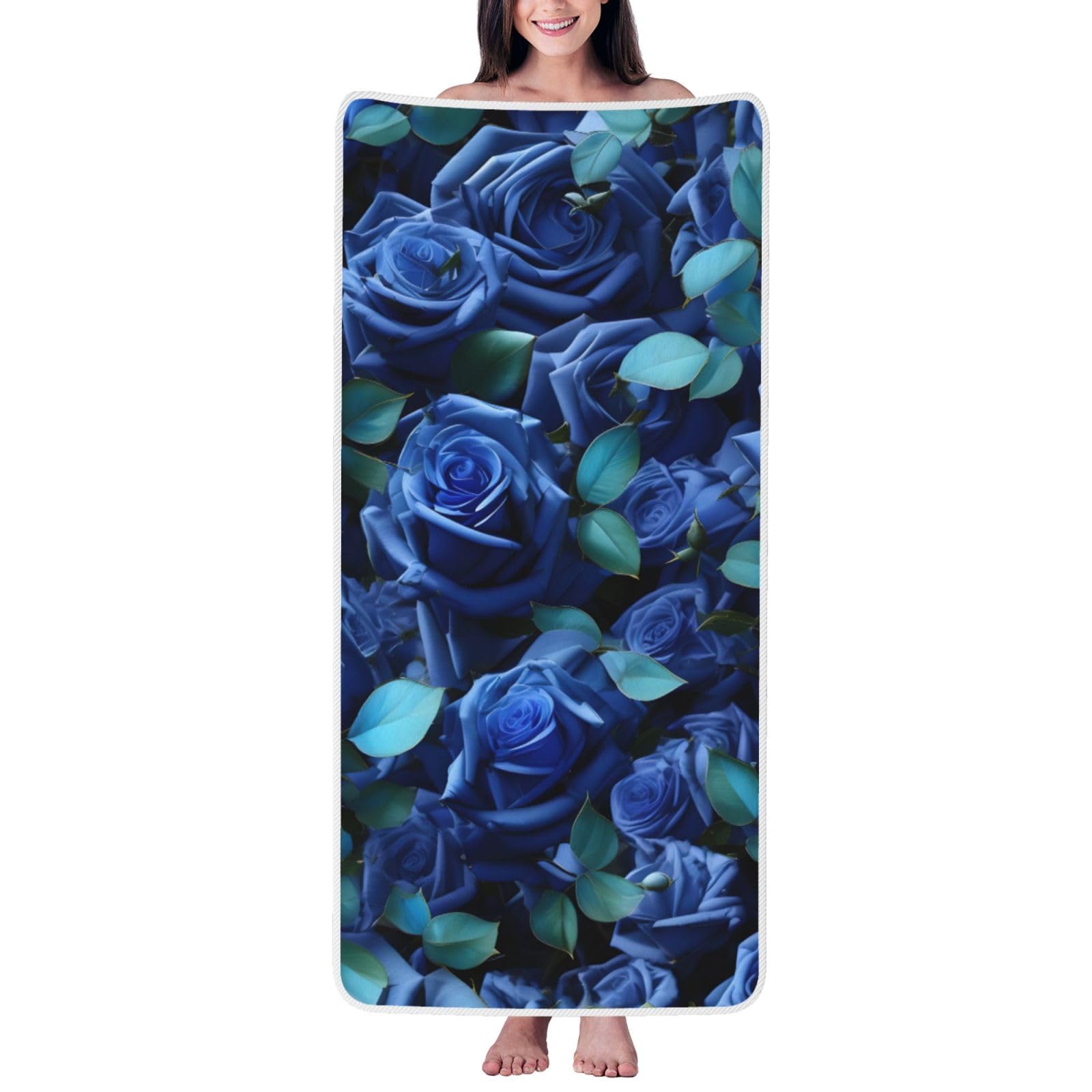 Nimongt Unisex White Many Blue Roses Print Lightweight Comfort Coral Velvet Bath Towel Home Bathroom Hotel Spa Beach Travel