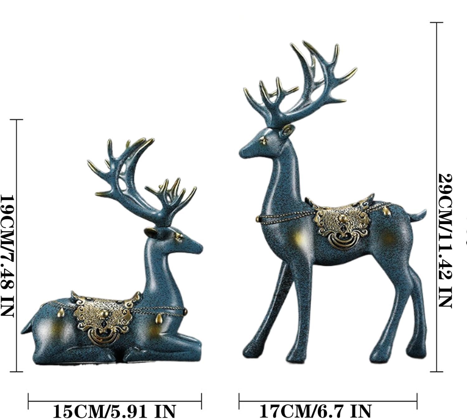 2 figuras de reno de Navidad, esculturas de reno de resina de pie y sentado para decoración del hogar de vacaciones (azul, talla única)