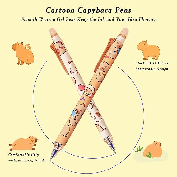6Pcs Cute Erasable Gel Pens, 0.5mm Blue Ink Fine Point Pens, Retractable Quick Dry Smooth Writing Pens for Journaling, Drawing, Doodling, Note Taking(Capybara