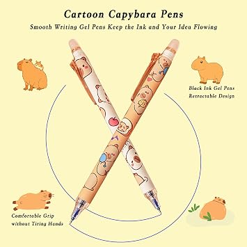 6Pcs Cute Erasable Gel Pens, 0.5mm Blue Ink Fine Point Pens, Retractable Quick Dry Smooth Writing Pens for Journaling, Drawing, Doodling, Note Taking(Capybara