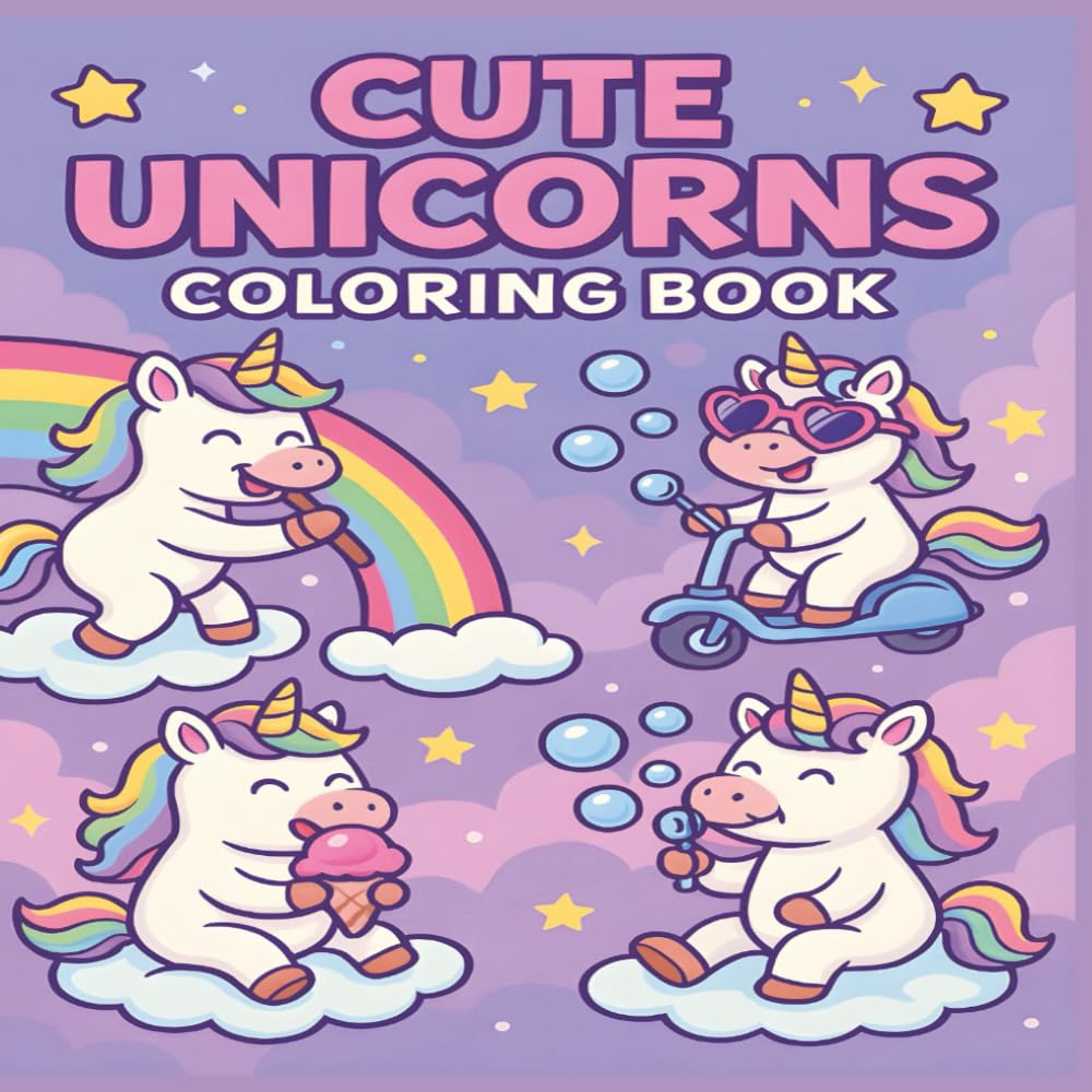 Cute Unicorns Coloring Book: 50 Adorable and Funny Unicorn Scenes for Kids to Color, Laugh, and Dream