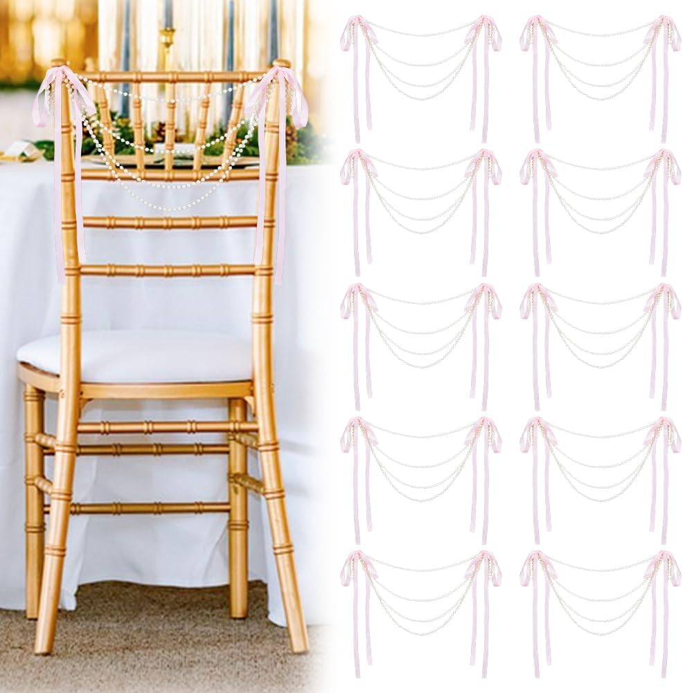 DICOSMETIC 20Pcs Pink Wedding Pearl Bow Chair Decor Aisle Chair Back Decorations Pre-Tied Pearl String Chiavari Chairs Decor for Ceremony Coquette Party Banquet, 70cm