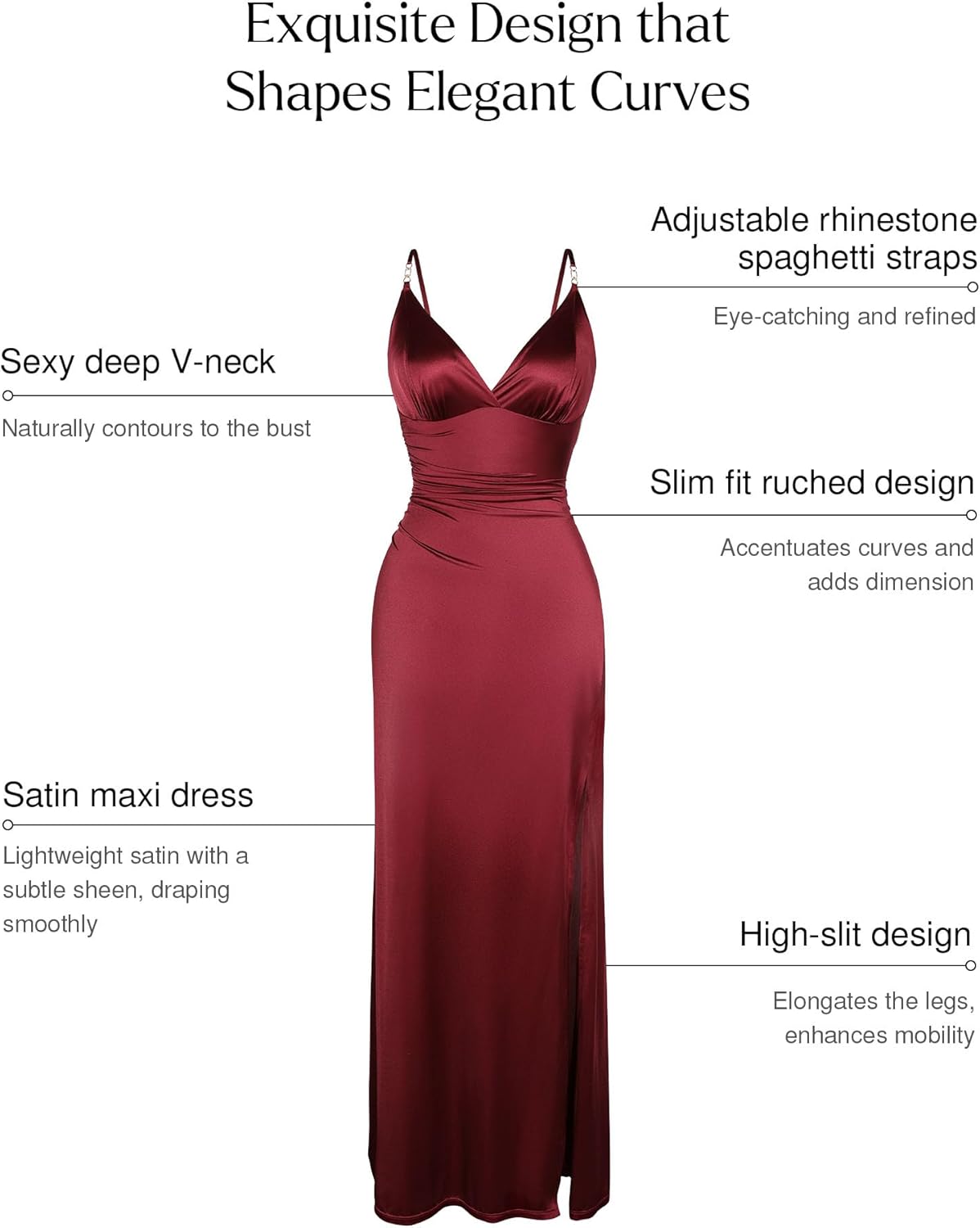 Popilush Women's Sexy Maxi Dress Deep V Neck Ruched Shapewear Dresses Side Slit Formal Cocktail Party Dress - Image 3