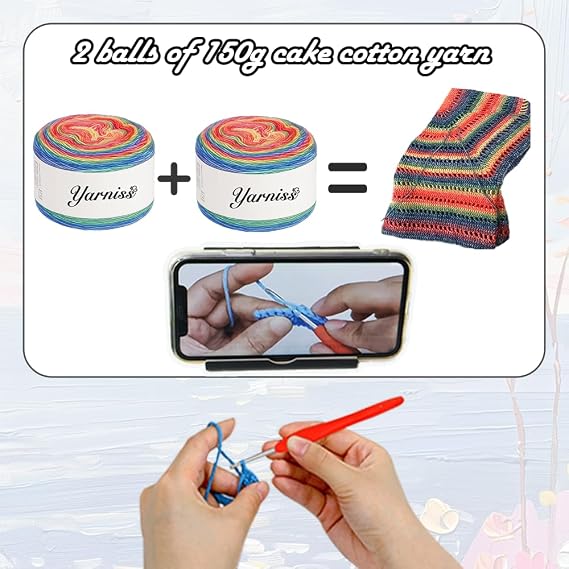 Yarniss Crochet Cake Yarn for Knitting, Gradient-Colored Ombre Yarn for Blanket&Shawl, Rainbow Cotton Yarn 2x150g