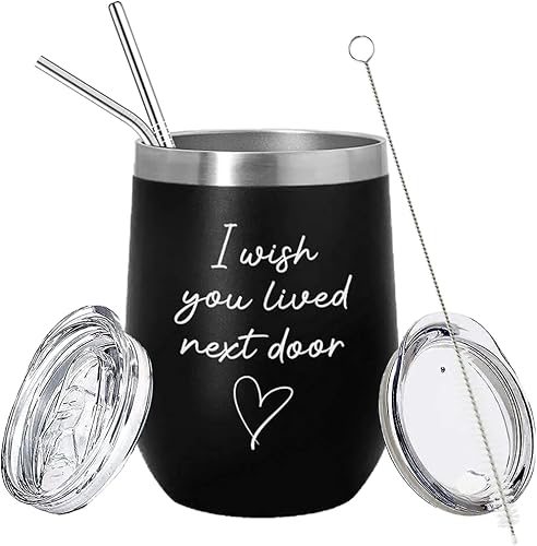 Bubble Hugs WItty - Vaso de vino negro de 12 onzas  Taza divertida con texto en inglés "I Wish You Lived Next Door" para mejor amigo disponible en Yaxa Peru
