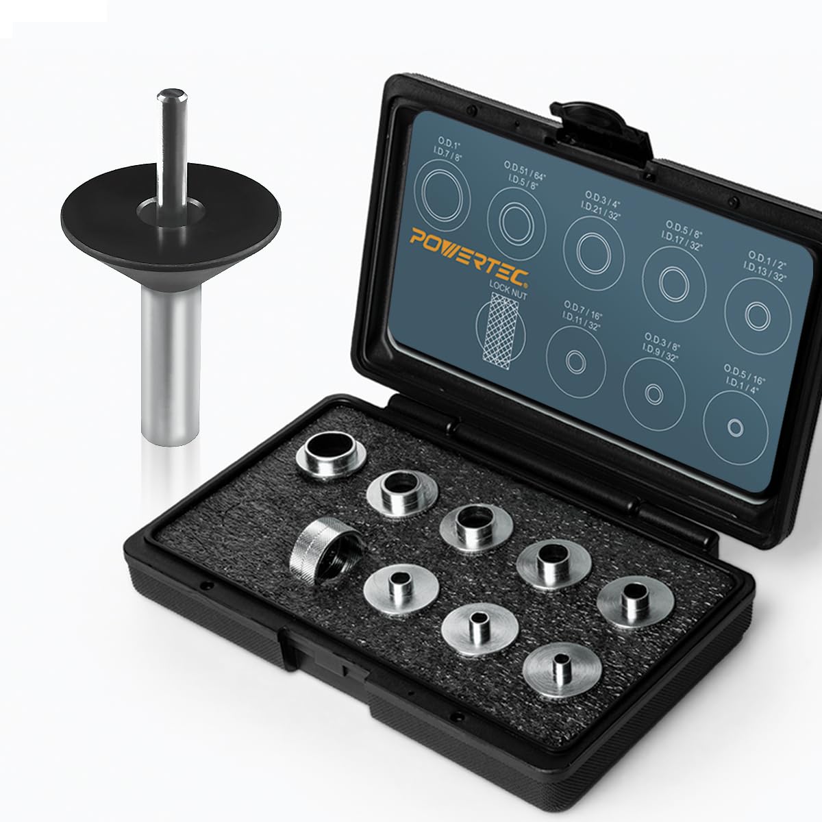 POWERTEC 72092 Solid Router Template Bushing Guides and Centering Pin with Cone, 5/16 to 1 Inch Bushings Fits All Porter Cable Style Router Sub Bases. Perfect for Precision Woodworking