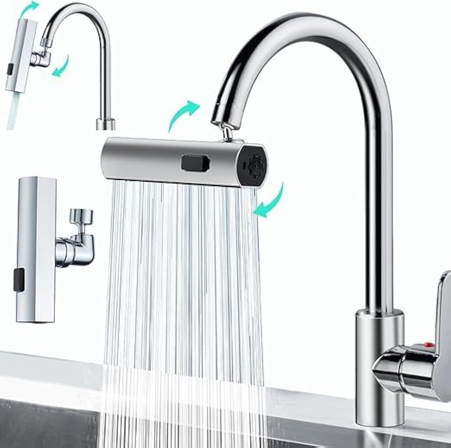 KEPTFIT 2023 New Waterfall Kitchen Faucet, 3 In 1 360° Rainfall Kitchen Sink Faucet, Multi Function Faucet for Washing Vegetable Fruit, Anti-Splash Device for Kitchen, Bathroom,Silver