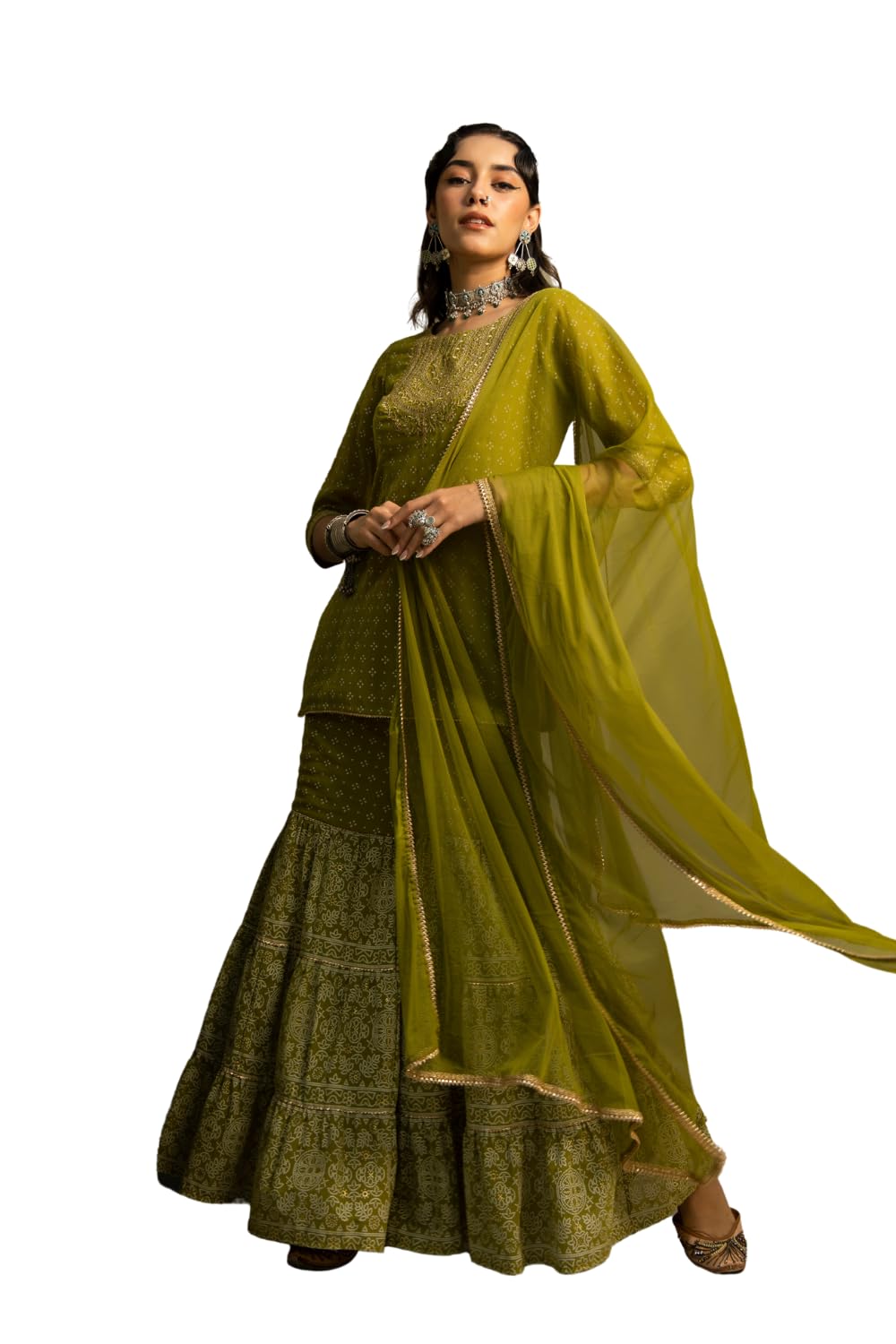 Juniper Women's Green Georgette Bandhani Printed Kurta, Sharara and Dupatta Set (Green S)