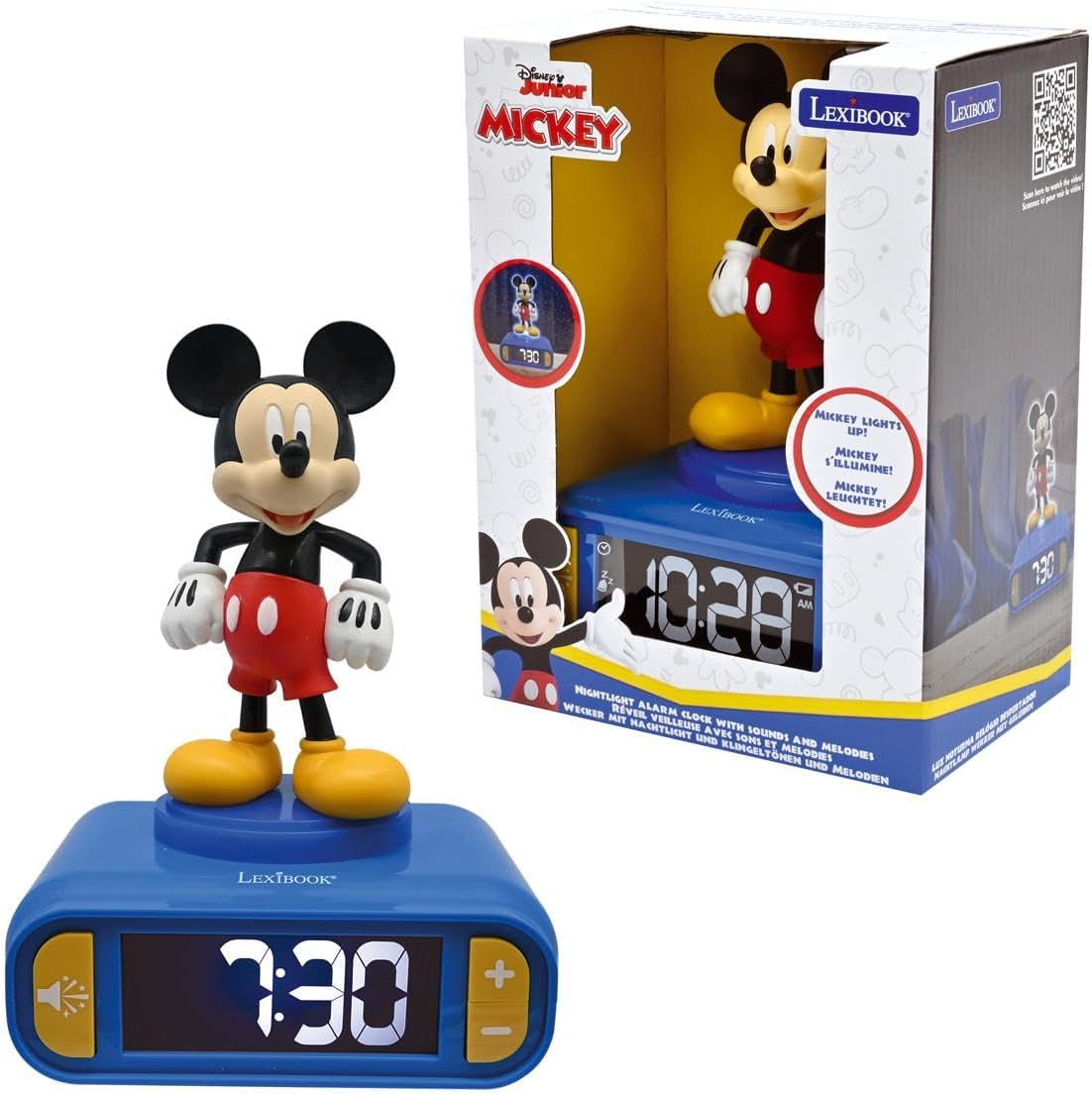 LEXIBOOK, Disney Mickey, Nightlight Alarm Clock, Sounds and Melodies, LCD Backlit Screen, Luminous, Snooze, Blue, RL800MCHLXB