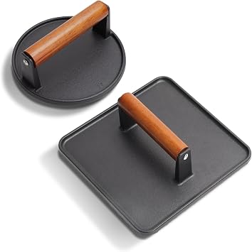 SafBbcue 10" Square Bacon Press & 7" Round Meat Press, Heavy Duty Cast Iron Griddle Press Smash Burger Press Compatible with Blackstone Flat Top Griddle Grills