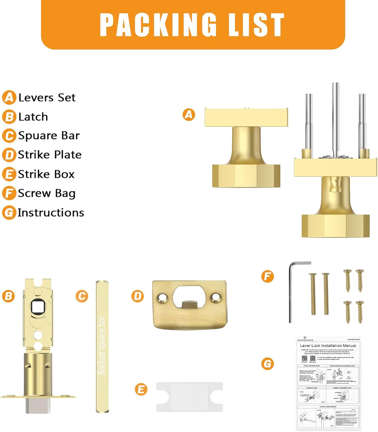 Amerdeco 3 Pack Privacy Door Knobs,Brushed Gold Door Knobs Interior,Heavy Duty Bedroom and Bathroom Door Locks Square Base Round Door Knob AM0026