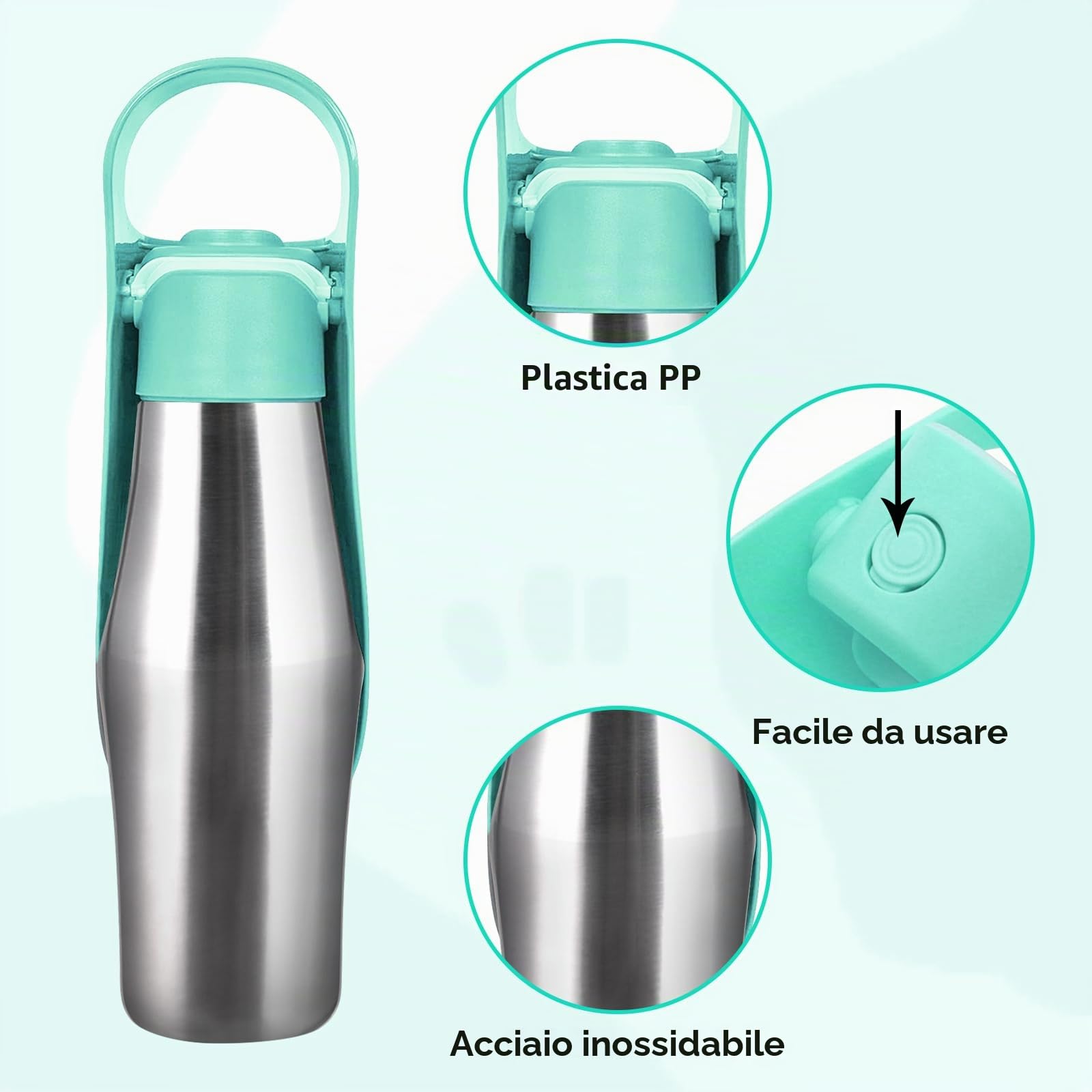 Borraccia per cani, 750 ml, pieghevole, 180°, portatile, per animali domestici, in acciaio inox, per cani (verde, 1)