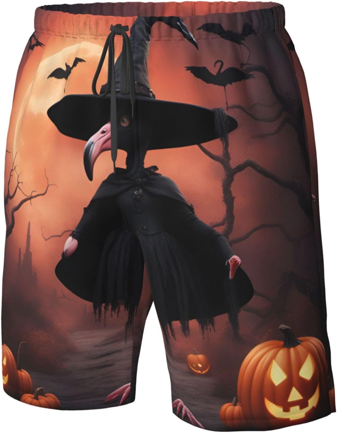 Mens Halloween Flamingo Witch Hat Print Beach Shorts,Casual Summer Shorts for Men,Quick Dry Polyester