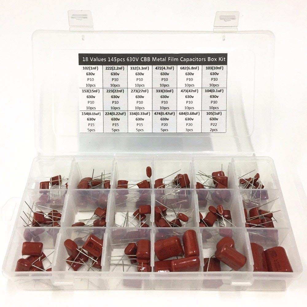 Accesorios electrónicos 18valores 145pcs 630V 1nF~1uF CBB Capacitadores de película metálica Surtido Kit Caja Dispositivos electrónicos