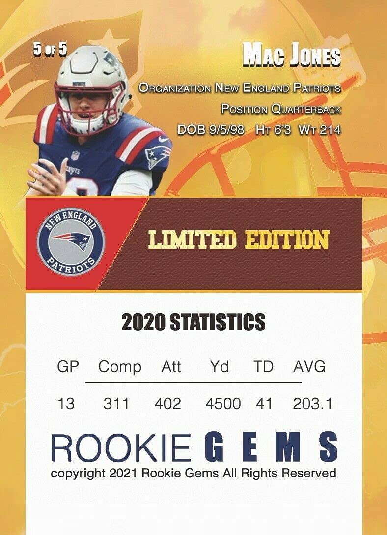 Amazon.com: MAC JONES 2021 1ST GOLD DRAFT PICK ROOKIE CARD RC NEW ENGLAND  PATRIOTS ALABAMA : Collectibles & Fine Art