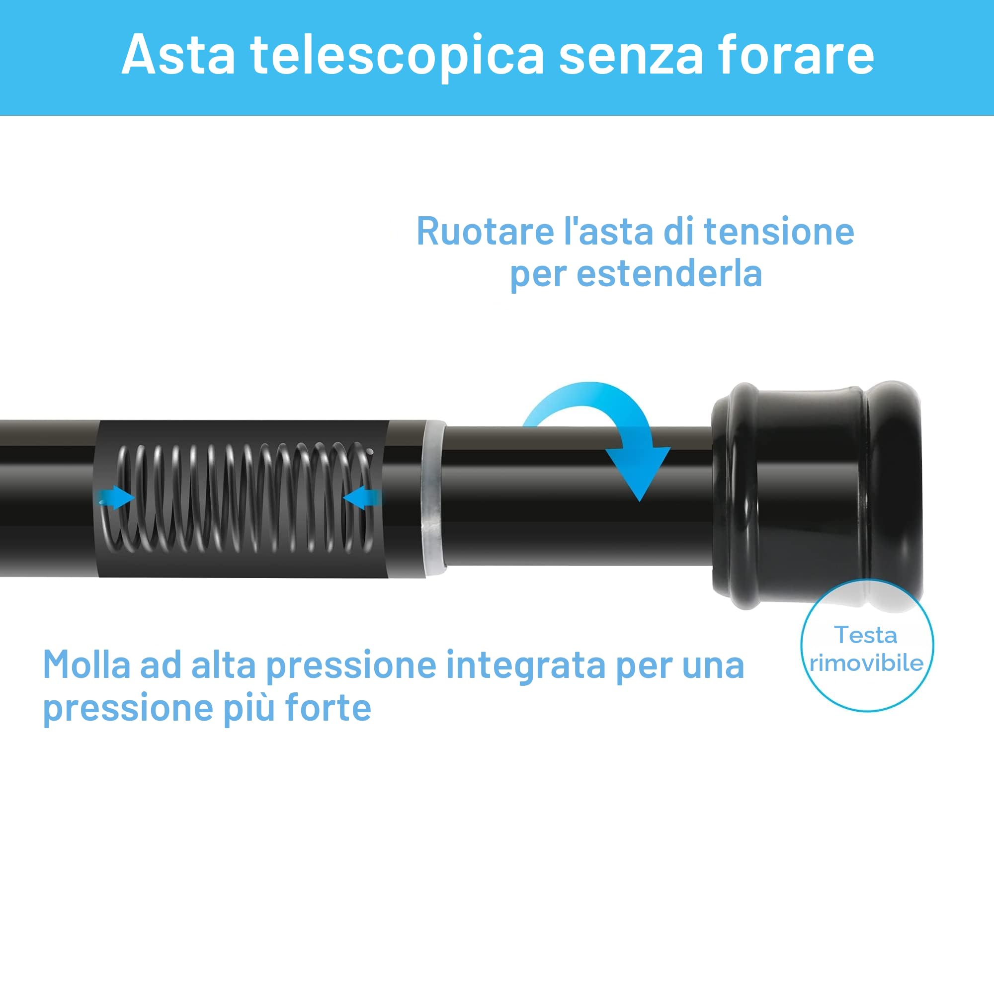 Asta per tende, extra lunga, senza fori, lunghezza 115-410 cm, diametro 32 mm, per bagno, camera da letto, asta per tende, vestiti, bianco, 4 m
