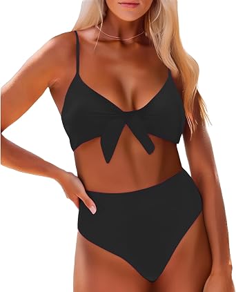 Womens High Waisted Bikini Set 2 Piece Swimsuit Tummy Control Tie Knot Bathing Suits Padded Swimwear