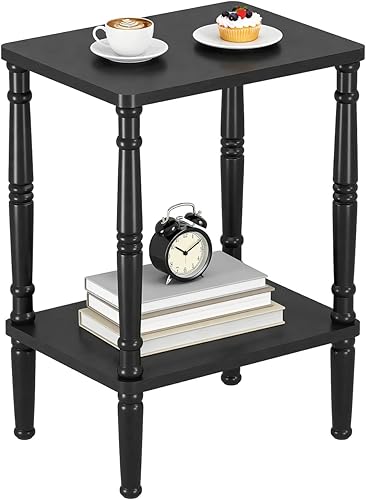 LUCKNOCK Mesa auxiliar vintage, mesa auxiliar pequeña de 2 niveles con estante de almacenamiento, mesita de noche estrecha para espacios pequeños,